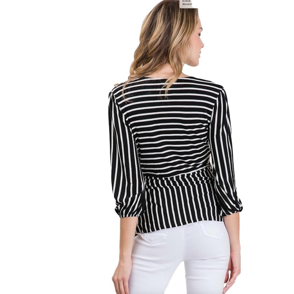3/4 Sleeve Surplice Faux Wrap Top with Side Tie - Picture 3 of 4